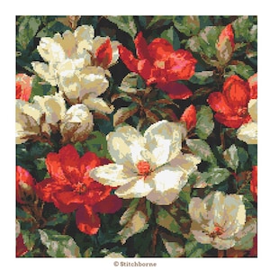 Elegante schema punto croce floreale rosso e bianco da scaricare in formato PDF, fiori stampabili, ricamo botanico vintage, schemi punto croce