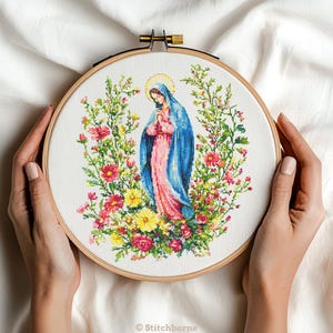 Virgin Mary and Wildflowers Cross Stitch Pattern PDF Download Printable Virgin Mary Cross Stitch Patterns Christian Cross Stitch Pattern