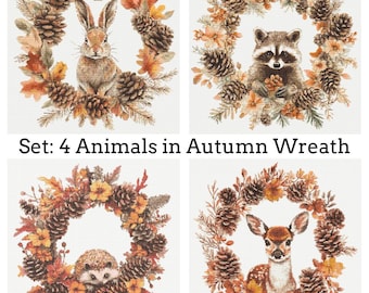 4 Animals in Autumn Wreath Cross Stitch Patterns PDF Download Printable Fall Animals Cross Stitch Patterns Autumn Woodland Animals Patterns