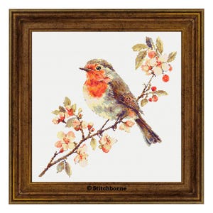 Robin and Blossoms Cross Stitch Pattern PDF Download Printable Vintage Birds Embroidery Robin Cross Stitch Patterns Spring Bird Patterns