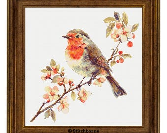 Robin and Blossoms Cross Stitch Pattern PDF Download Printable Vintage Birds Embroidery Robin Cross Stitch Patterns Spring Bird Patterns