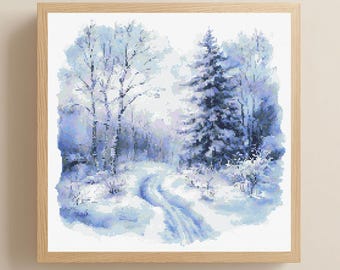 Winter Forest Cross Stitch Pattern, Snowy Landscape, PDF Digital Download