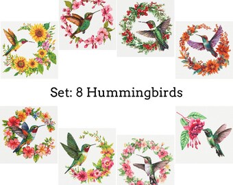 May include: Set of 8 hummingbird cross-stitch patterns. Each design features a hummingbird surrounded by flowers, including sunflowers, pink blossoms, and red berries. The text "Set: 8 Hummingbirds" is displayed below the images.