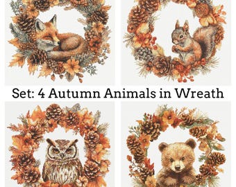 4 patrones de punto de cruz de animales de otoño en coronas Descarga en PDF Patrón de punto de cruz de animales del bosque de otoño imprimible Ardilla Cachorro de oso Zorro Búho
