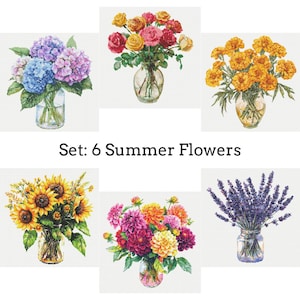 May include: A collection of six floral arrangements in glass vases. The arrangements include hydrangeas, roses, marigolds, sunflowers, dahlias, and lavender. The text "Set: 6 Summer Flowers" is displayed below the images.