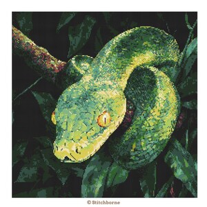 Green Tree Python Cross Stitch Pattern PDF Download Printable Snakes Reptile Embroidery Snake on Tree Branch Snake Cross Stitch Pattern image 2