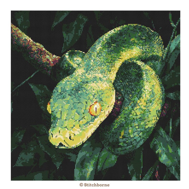Green Tree Python Cross Stitch Pattern PDF Download Printable Snakes Reptile Embroidery Snake on Tree Branch Snake Cross Stitch Pattern image 2