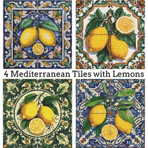 Peut inclure: Quatre carreaux de céramique de style méditerranéen avec des motifs de citrons. Chaque carreau présente des citrons jaunes, des feuilles vertes et un citron tranché sur un fond décoratif. Le texte "4 Mediterranean Tiles with Lemons" est affiché.