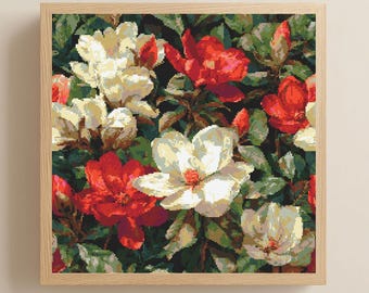 Elegant Red and White Floral Cross Stitch Pattern PDF Download Printable Flowers Vintage Botanical Embroidery Flowers Cross Stitch Patterns