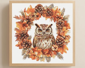 Autumn Owl in Wreath Cross Stitch Pattern PDF Download Printable Owl Cross Stitch Patterns Fall Cross Stitch Birds Woodland Animals Patterns