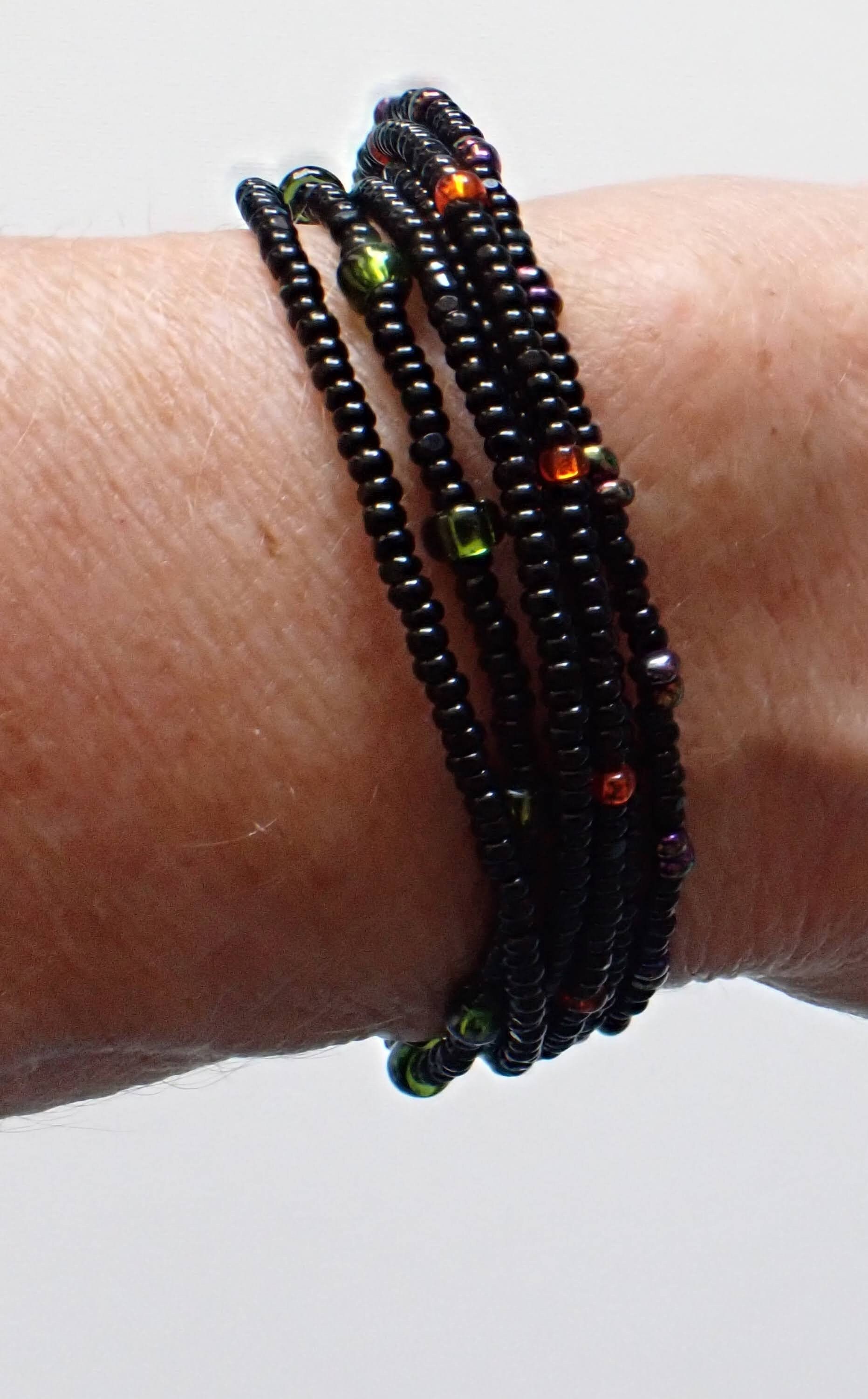 Goth Seed Bead Bracelet. Black Seed Beads With Orange, Green, and Purple Seed Beads. Sterling