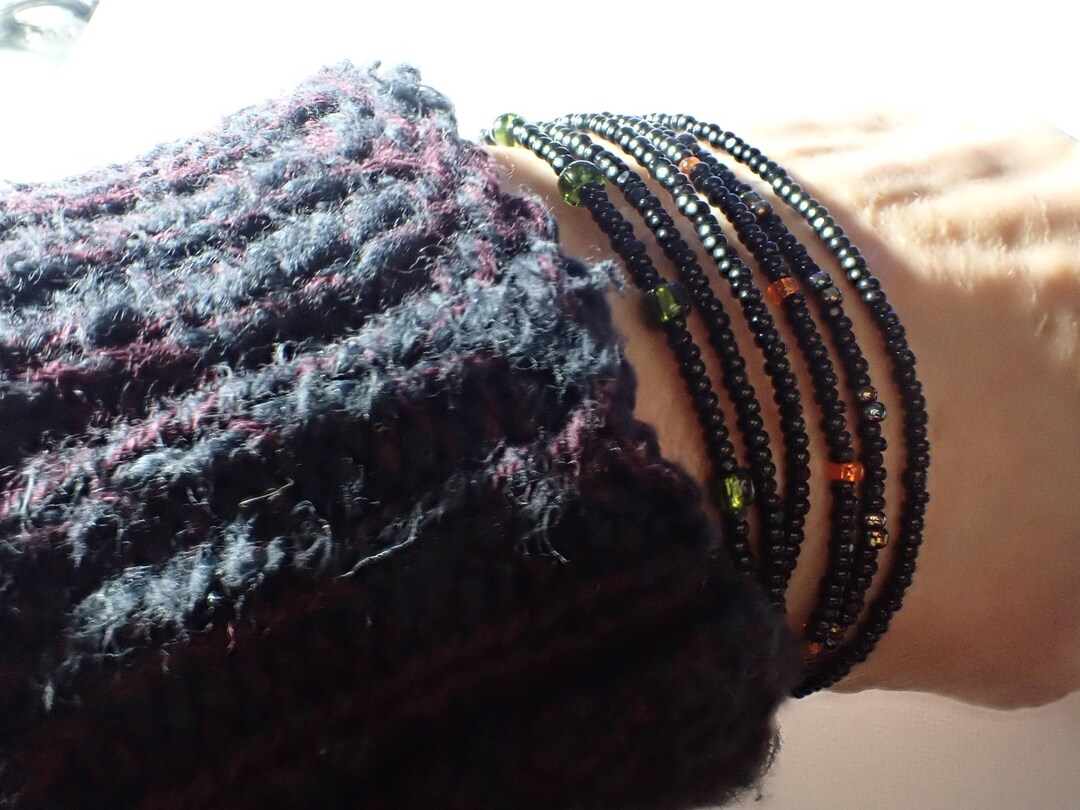 Goth Seed Bead Bracelet. Black Seed Beads With Orange, Green, and Purple Seed Beads. Sterling