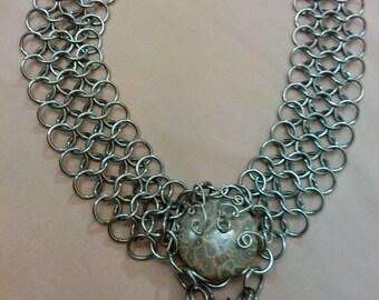 Fossil Stone and Stainless Steel chainmaille necklace. This stone is sometimes called Petoskey stone, with amber and  pearl.