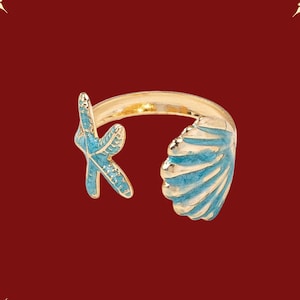 Handmade Enameled Starfish & Shell Ring: Adjustable Gold Coastal Jewelry