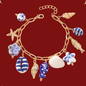 Handmade Starfish Shell Charm Bracelet with Blue and Gold Beads Summer Beach Jewelry for Women Gift for Photoshoot Party or Vacation
