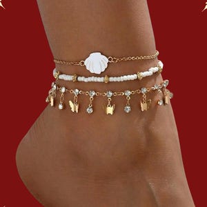 Boho Anklet Set: Shell, Bead & Butterfly Charms - Beach Foot Jewelry