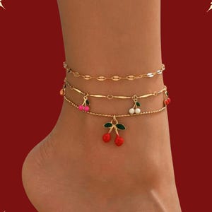 Cherry Charm Anklet Set: Colorful Glazed Fruit, Layered Beach Jewelry