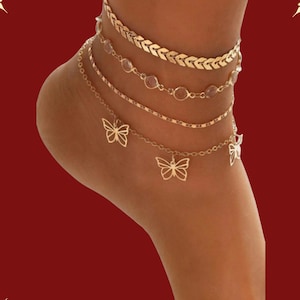 Gold Butterfly Anklet Set: Boho Layered Beach Foot Jewelry