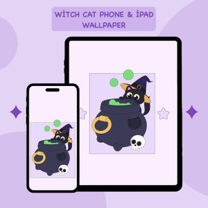 以下が含まれることがあります： スマートフォンとタブレットに、魔女の帽子をかぶった黒猫が緑色の泡立つ紫色の釜を覗き込んでいるデジタル壁紙が表示されています。近くには小さな白い頭蓋骨があります。上部には「WITCH CAT PHONE & IPAD WALLPAPER」というテキストが表示されています。