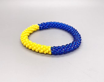 Blue and Yellow Beaded Crochet Bracelet  to benefit Sunflower of Peace