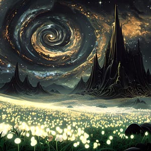 Celestial Bloomscape – Surreal Galactic Flower Field Under Spiral Nebula | Sci-Fi Fantasy Landscape Wall Art | Digital Download