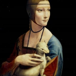 May include: A Renaissance-style portrait of a woman in a blue dress, holding a white ermine. She wears a dark beaded necklace and a head covering. The background is black, highlighting the subject and the animal.