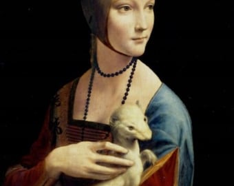 May include: A portrait of a woman in a blue dress holding a white ermine. She wears a dark beaded necklace and a head covering. The background is black, emphasizing the subject and the animal.