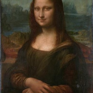 May include: An oil painting from the Renaissance period, depicting the Mona Lisa. The woman has a slight smile, long brown hair, and wears a dark dress. The background shows a landscape with muted colours.