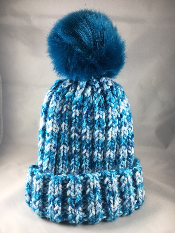 Blue Knit Beanie Ribbed Beanie Pom Pom Hat Faux Fur Pom Etsy