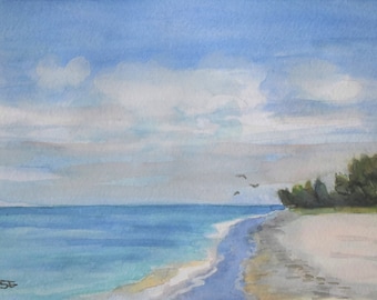 Seascape Watercolor Painting Coastal Wall Art Florida Beach Painting