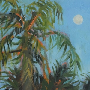 Original Plein Air Oil Painting Tropical Palm Tree and Moon Florida Landscape