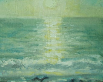 Original Plein Air Framed Oil Painting Ocean Sunset