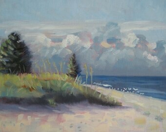 Original Plein Air Oil Painting Dunes Seascape and Clouds