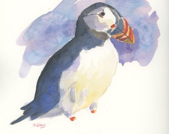 Watercolor Bird Art Puffin Painting Wildlife Nature Art