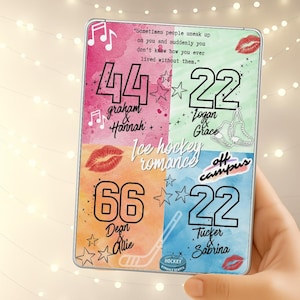 May include: A rectangular metal tin featuring a four-quadrant watercolor design in pink, green, orange, and blue. It displays the text Ice hockey romance, off campus, and names like Graham & Hannah, Logan & Grace, Dean & Allie, and Tucker & Sabrina.