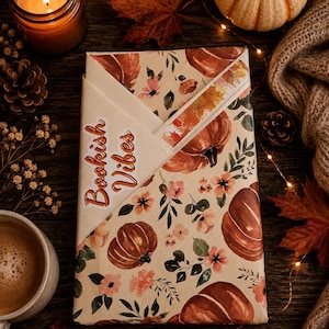 May include: A rectangular book wrapped in cream-coloured paper featuring a watercolour print of orange pumpkins, pink flowers, and green leaves. A white sticker on the front displays the orange text Bookish Vibes in a cursive font style.