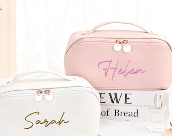 Personalized Leather Cosmetic Bag, Embroidered Makeup Bag, Bridesmaid Gift