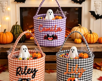 Personalized Halloween Basket, Custom Name Trick or Treat Basket, Gingham Boo Basket, Kids Candy Bucket, Halloween Gift