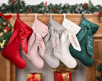 2025 Embroidered Christmas Stocking, Personalized Bow Christmas Stocking, Velvet Christmas Stocking With Name, Christmas Gift, Family Decor