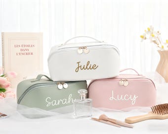 Neceser de maquillaje personalizado de piel bordada, neceser personalizado con nombre, bolsa de aseo, neceser de maquillaje para damas de honor, regalo de Navidad para ella