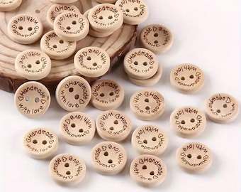 Handmade With Love Wooden Buttons – 15mm | 10 pcs | 2-Hole Craft Buttons for Sewing, Knitting & DIY Projects