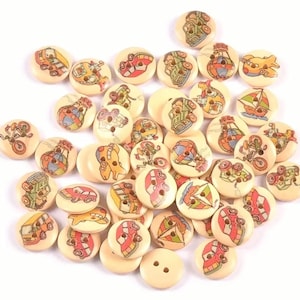 Assorted Decorative Wooden Buttons – 15mm | 10 pcs | 2-Hole Craft Buttons for Sewing, Knitting & DIY Projects