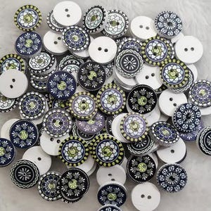 Assorted Decorative Printed Wooden Buttons – 15mm | 10 pcs | 2-Hole Craft Buttons for Sewing, Knitting & DIY Projects