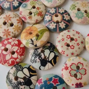 Assorted Decorative Wooden Buttons – 15mm | 10 pcs | 2-Hole Craft Buttons for Sewing, Knitting & DIY Projects