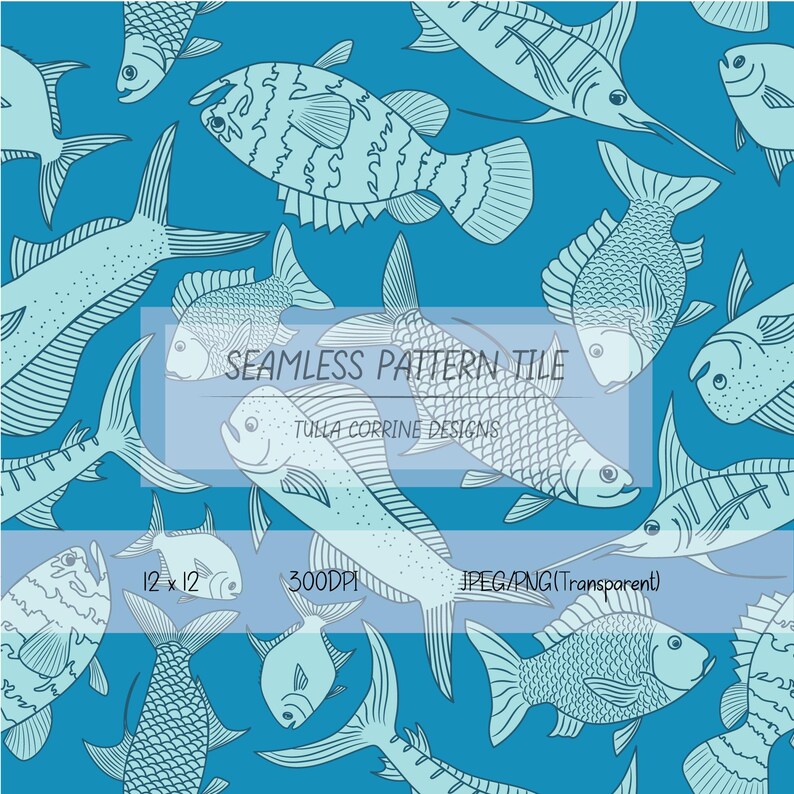 Fish Pattern Fabric Seamless Ocean Design Blue Coastal Print Underwater ...