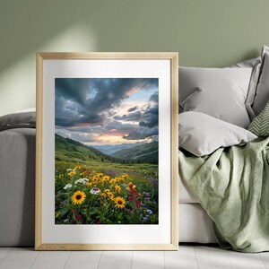 Mountain Wildflower Meadow Print - Digital Download Landscape Wall Art, Nature Digital Art for Rustic, Soft Blooms Boho Decor, Mountain Art.