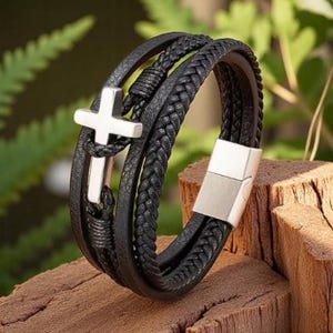 Heren leren armband met kruis - Christelijk sieraad cadeau, trendy spirituele armband, roestvrijstalen sluiting, Vaderdag, verjaardagscadeau