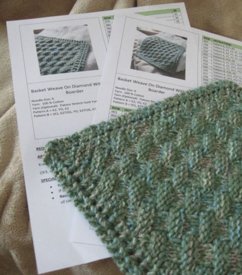 Knit Washcloth Pattern..Basket Weave on Diagonal with Eyelet Border image 4