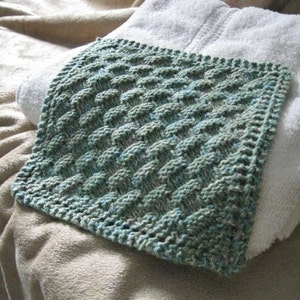 Knit Washcloth Pattern..Basket Weave on Diagonal with Eyelet Border image 1