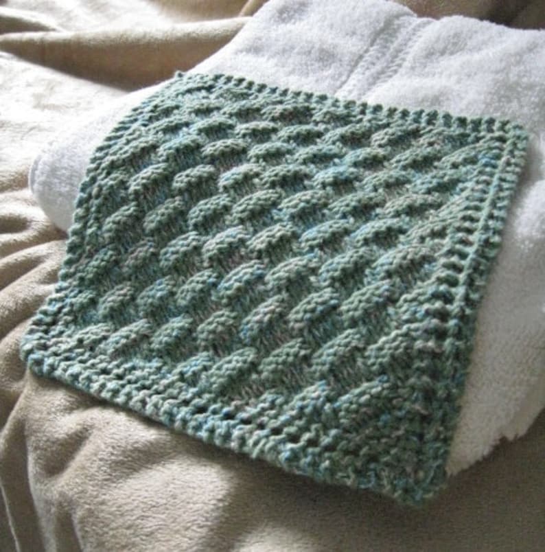 Knit Washcloth Pattern..Basket Weave on Diagonal with Eyelet Border image 1